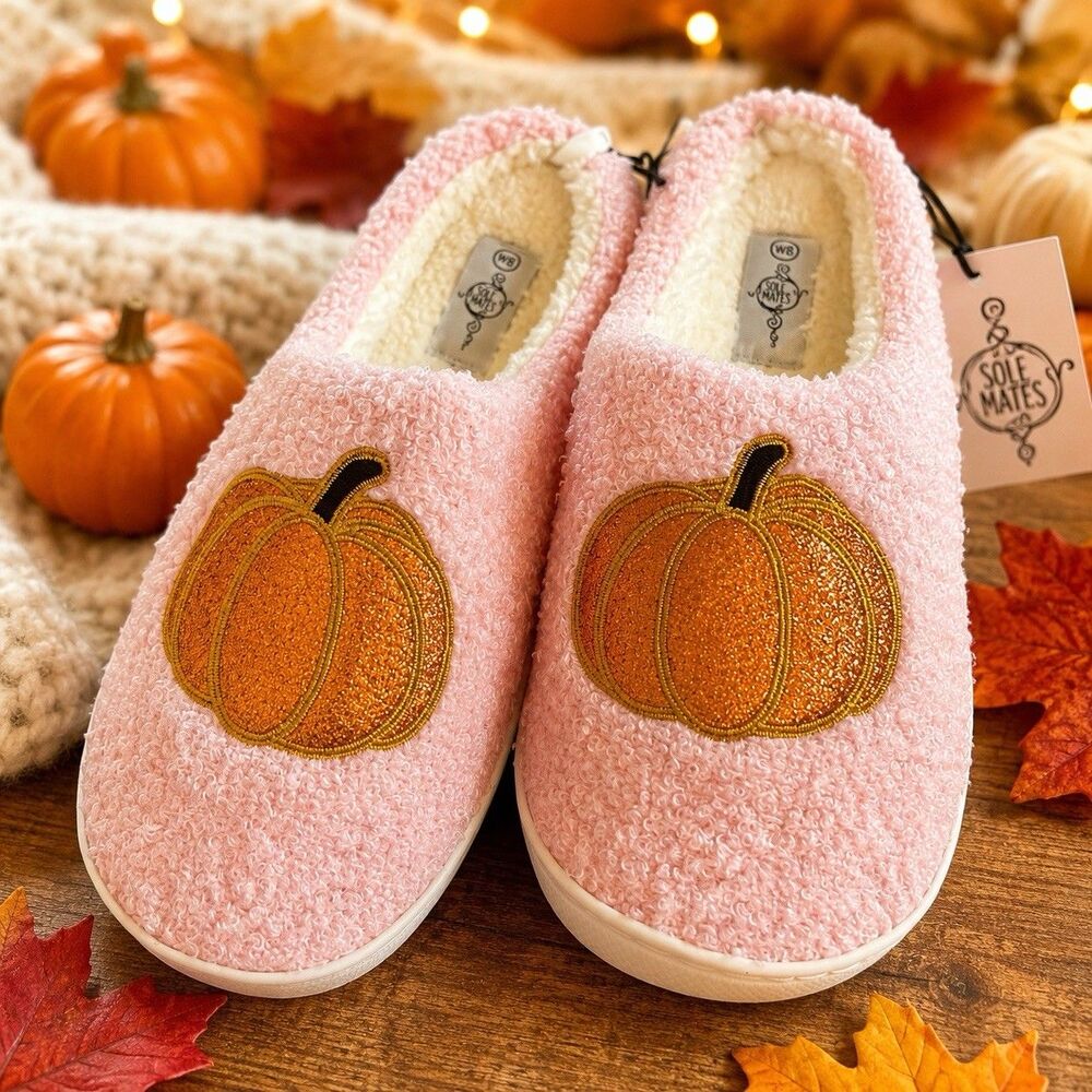 Sole Mates Pink Pumpkin Plush Slippers Women’s Size 8 Cozy Fall NWT Slip On